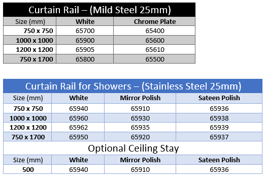 Bathex - L Shaped Curtain Rails Table-Sizes
