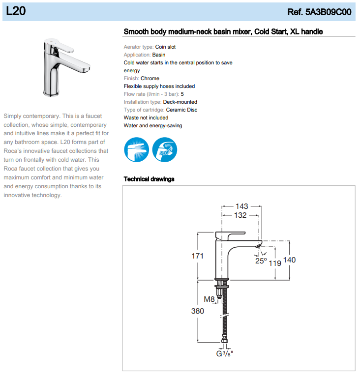 Roca L20 Smooth body medium-neck basin mixer, Cold Start, XL handle 5A3B09C00 spec