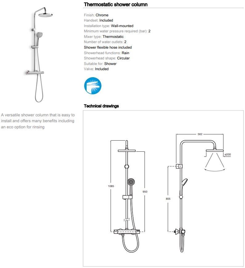Roca Victoria Dual Outlet Shower with Rain and Spray Heads 5A9718c00 spec