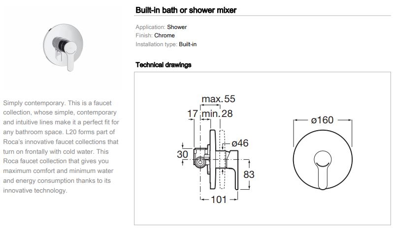 Roca L20 Bath or Shower Mixer 5A2A09C00 spec 